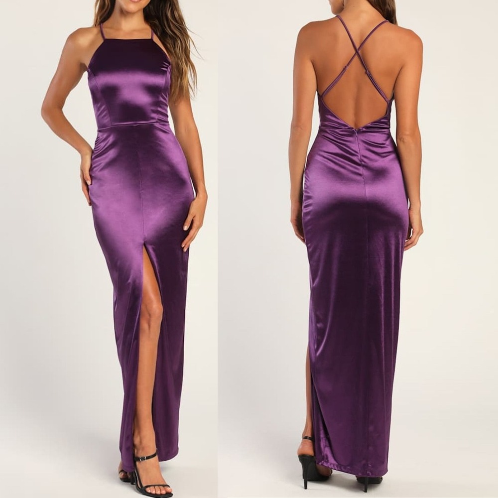 Lulu's Purple Satin Strappy Maxi Dress with Front Slit